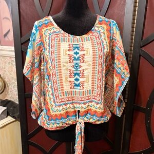 One World Aztec Print Tie-Front Blouse – Size S